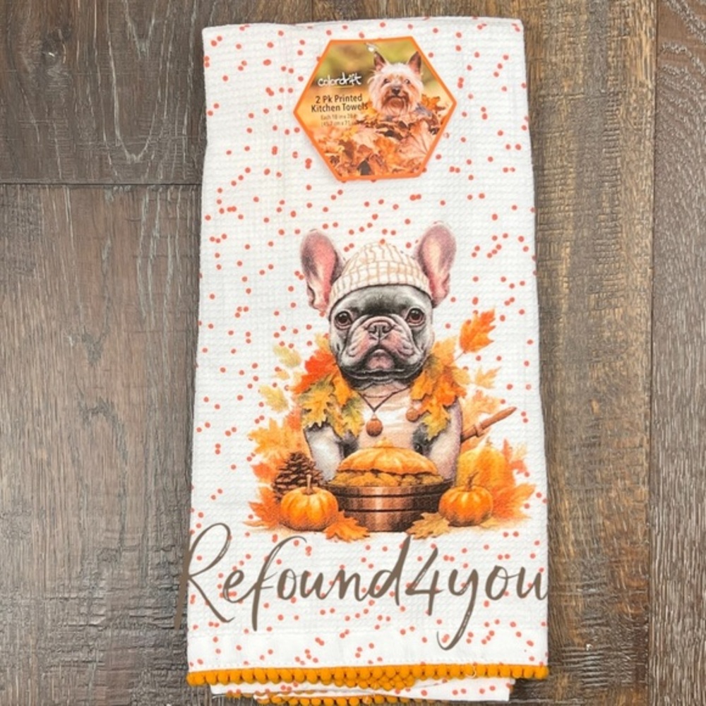 Colordrift - ‘Autumn French Bulldog’ Dish Towels (2). NWT.